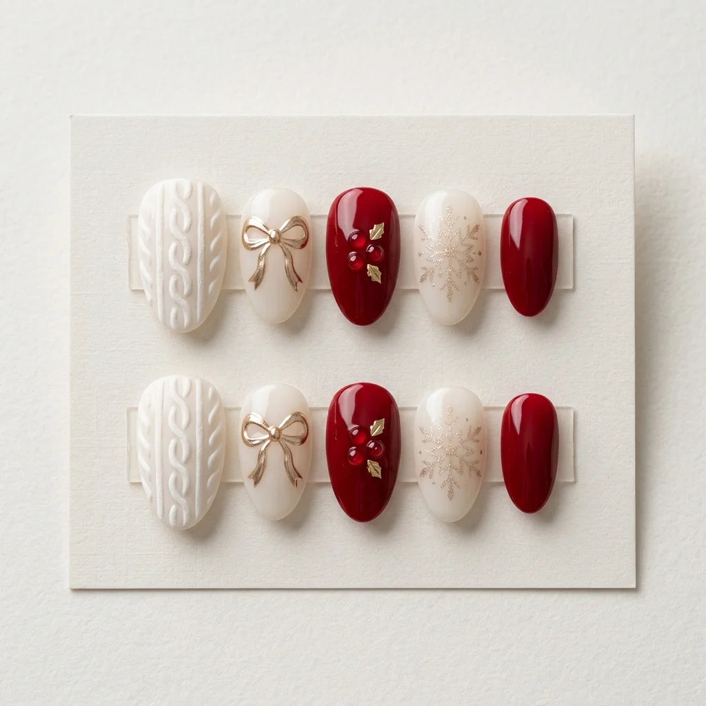 white red 3d christmas almond press on nails sweater ribbon bow snowflake flat lay 03