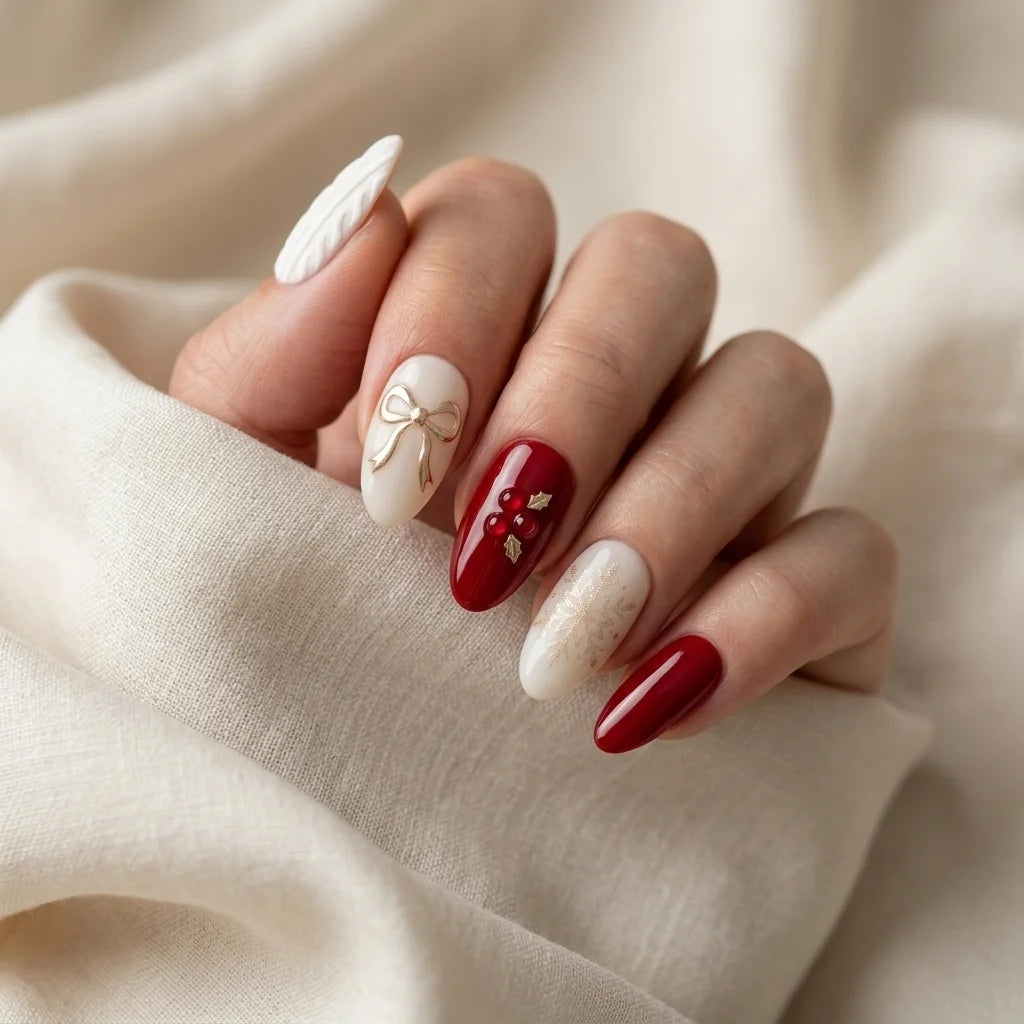 white red 3d christmas almond press on nails sweater ribbon bow snowflake lifestyle 02