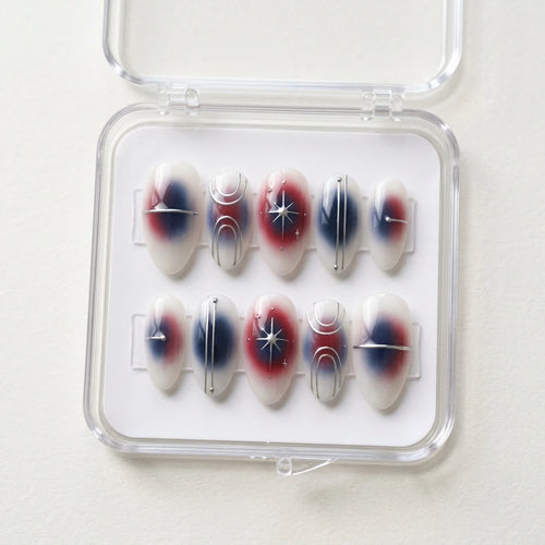 white red blue aura 4th of july almond press on nails 3d silver swirl flat lay 01