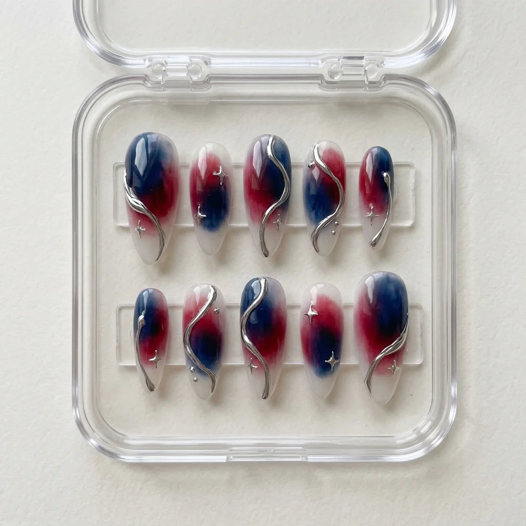 white red blue aura 4th of july almond press on nails 3d silver wave flat lay 01