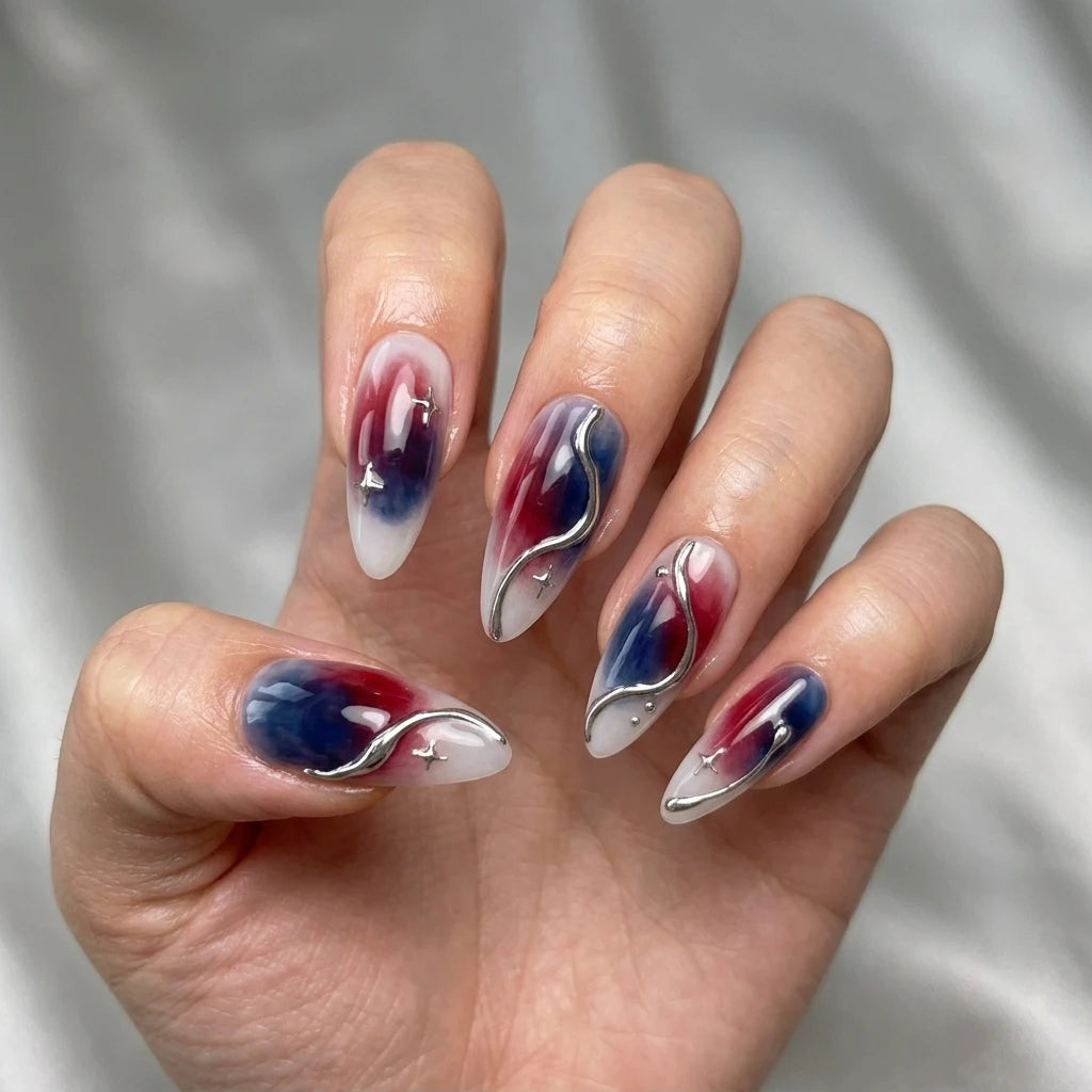 white red blue aura 4th of july almond press on nails 3d silver wave mockup 01