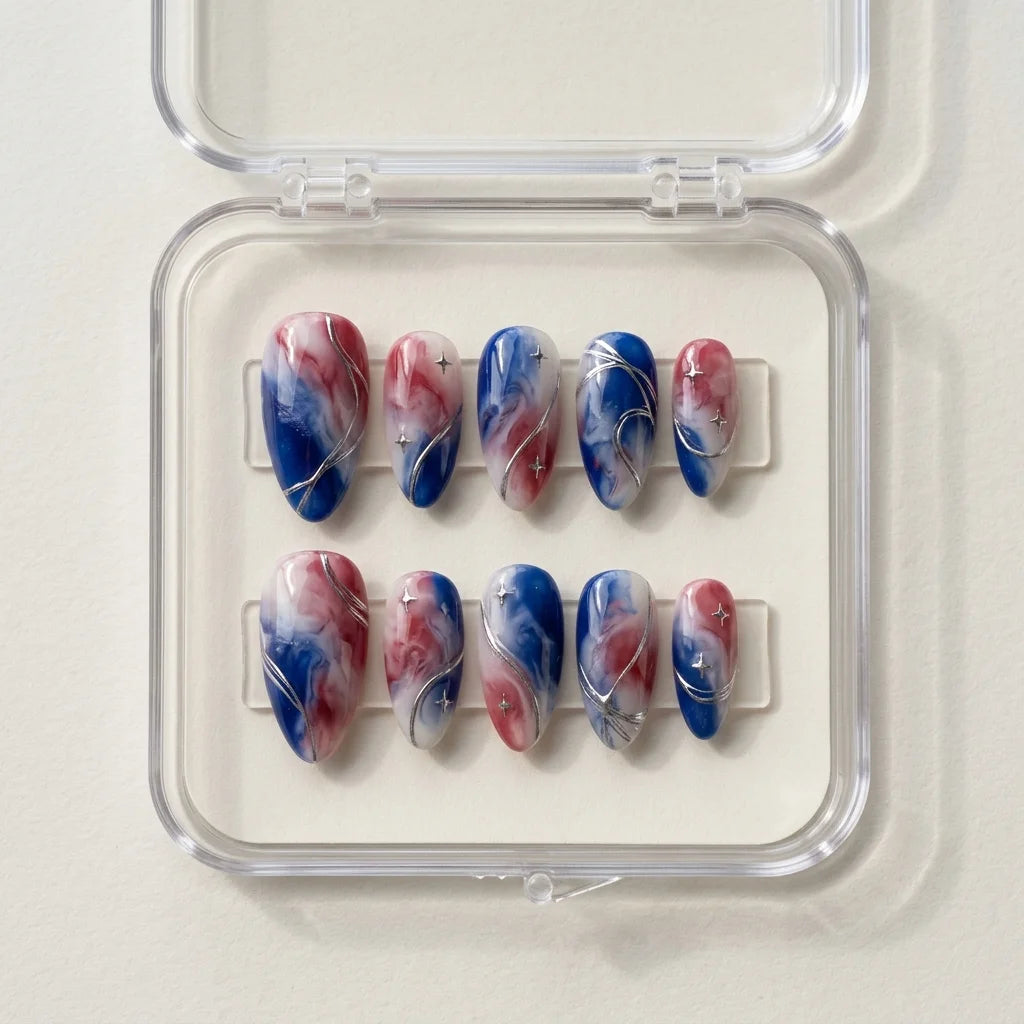 white red blue marble 4th of july almond press on nails 3d silver swirl flat lay 01