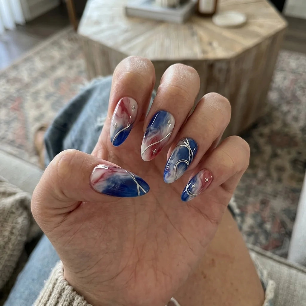white red blue marble 4th of july almond press on nails 3d silver swirl lifestyle 01