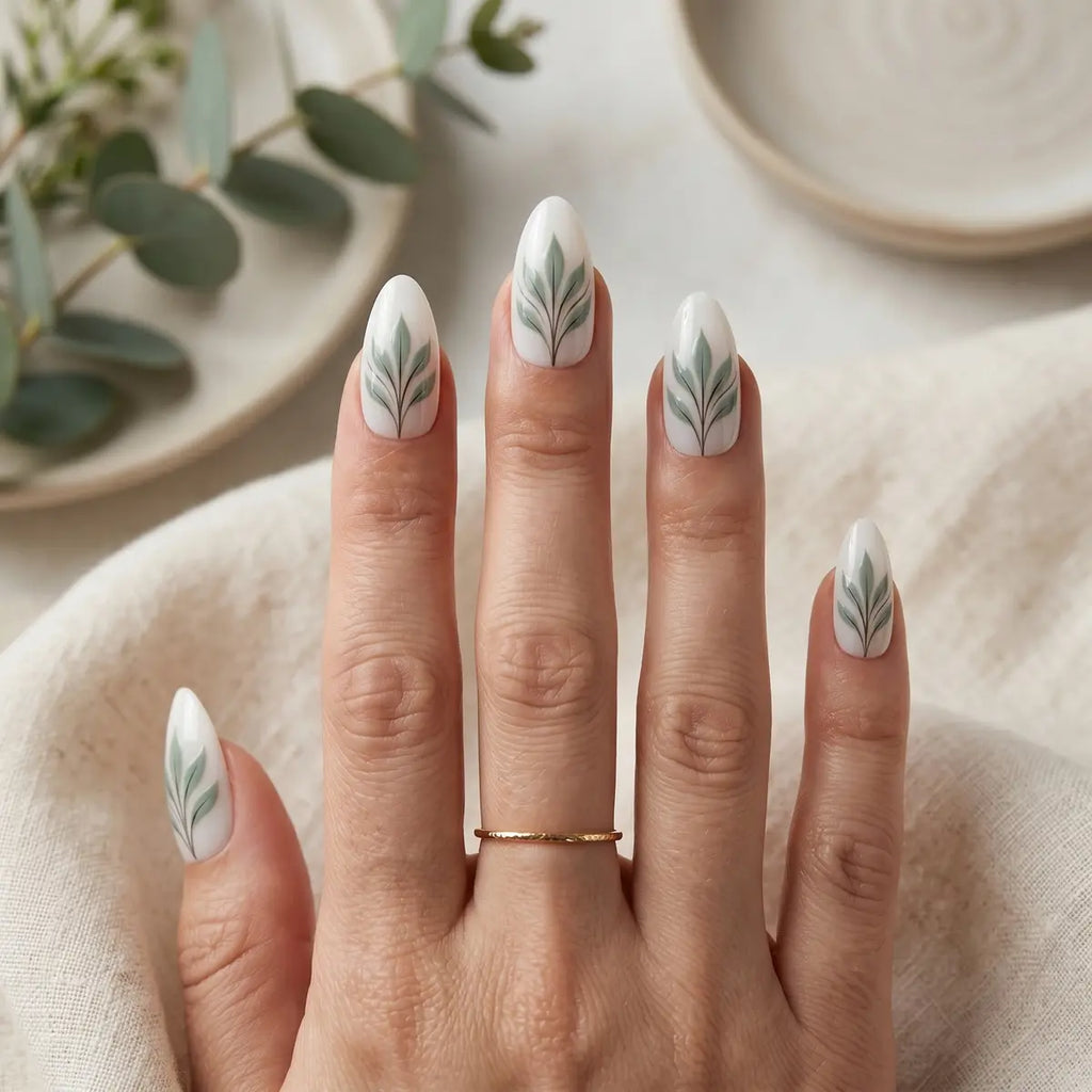 white sage green hand painted almond press on nails leaf detail 03