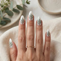white sage green hand painted almond press on nails leaf detail 03