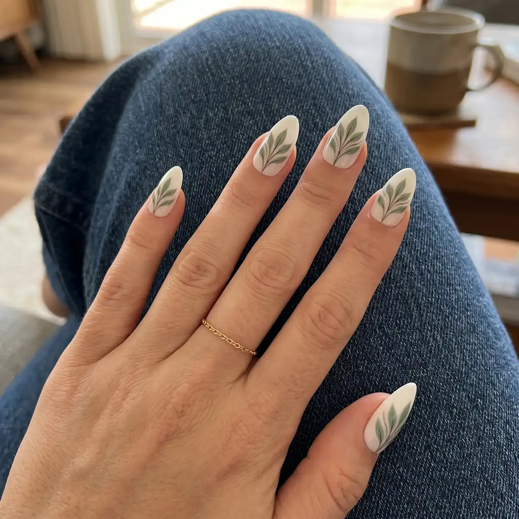 white sage green hand painted almond press on nails leaf lifestyle 02