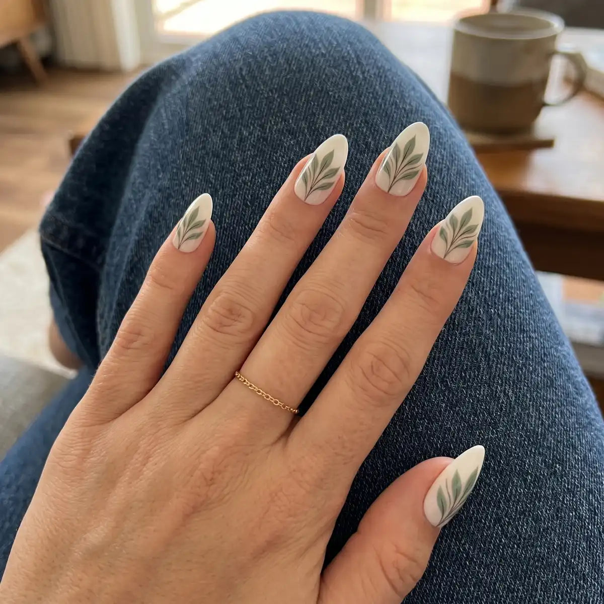white sage green hand painted almond press on nails leaf lifestyle 02