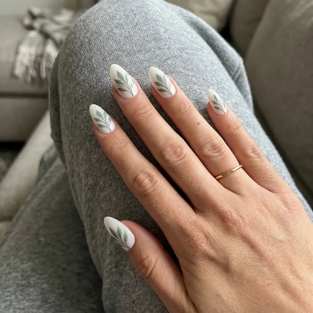 white sage green hand painted almond press on nails leaf mockup 01