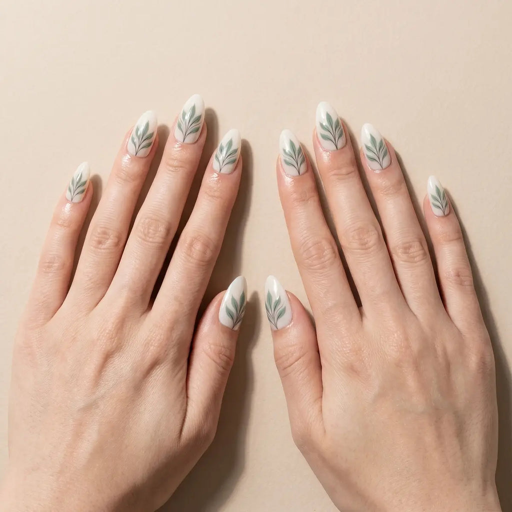 white sage green hand painted almond press on nails leaf mockup 05