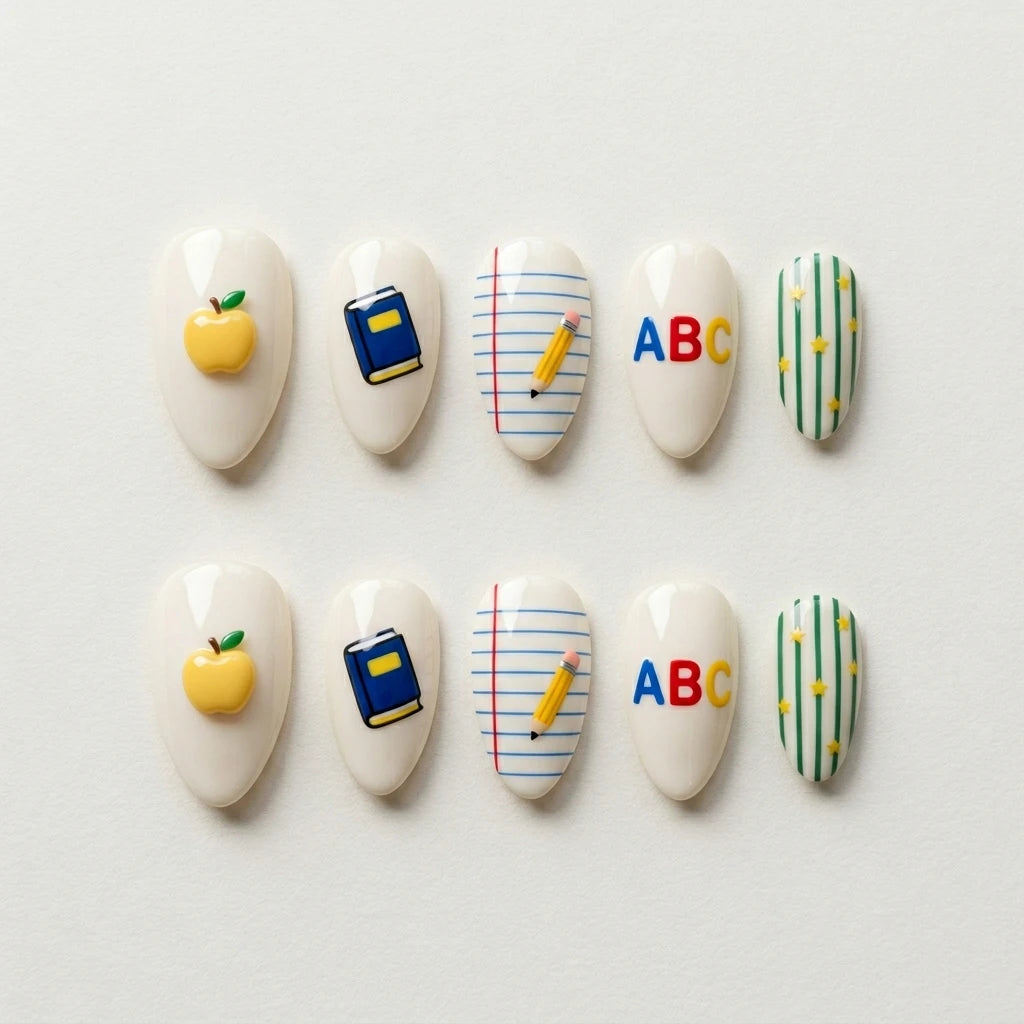 white yellow 3d almond press on nails apple pencil school flat lay 01
