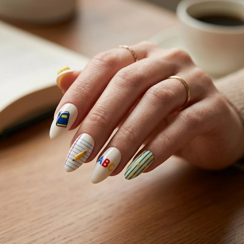 white yellow 3d almond press on nails apple pencil school lifestyle 01