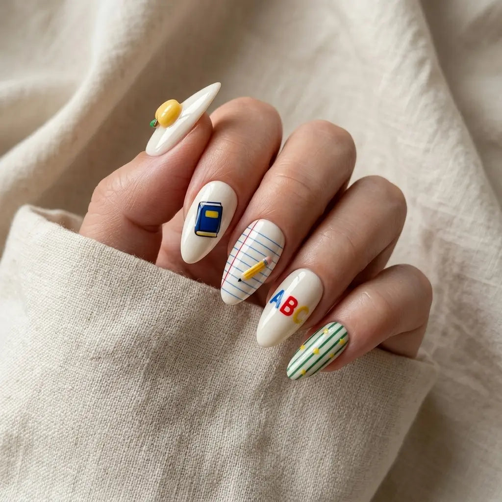 white yellow 3d almond press on nails apple pencil school lifestyle 02