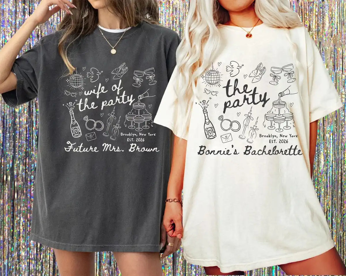 wife of the party custom name location year bachelorette comfort colors t shirt size chart