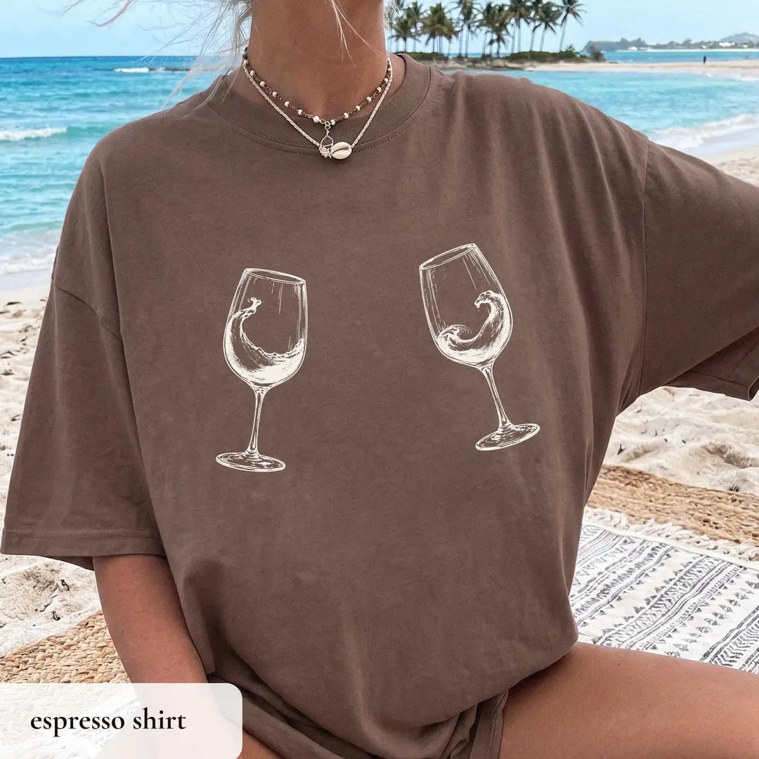Wine Trip celebration graphic on a Comfort Colors T-shirt, detail photograph.