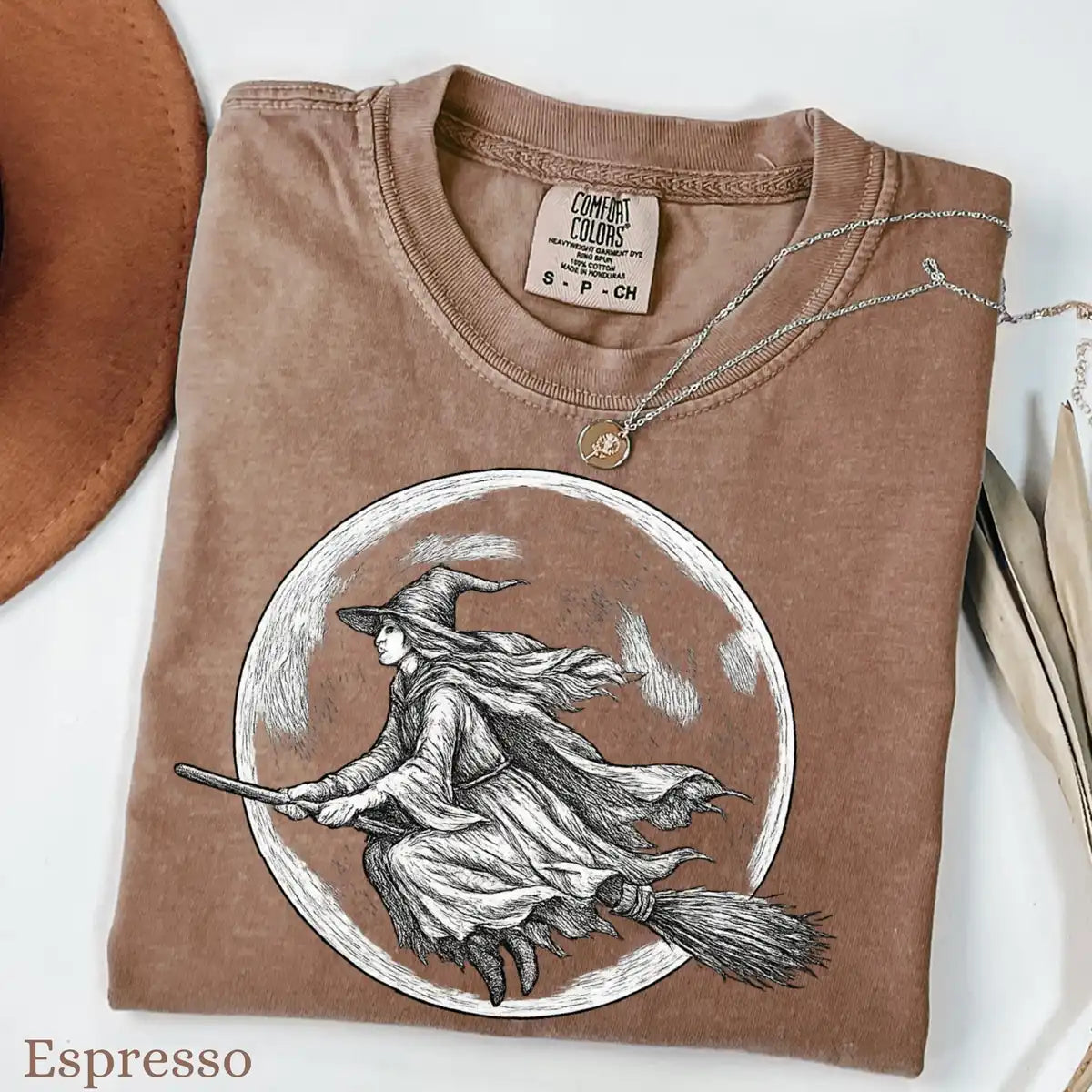Comfort Colors T-shirt in Espresso featuring flying witch graphic