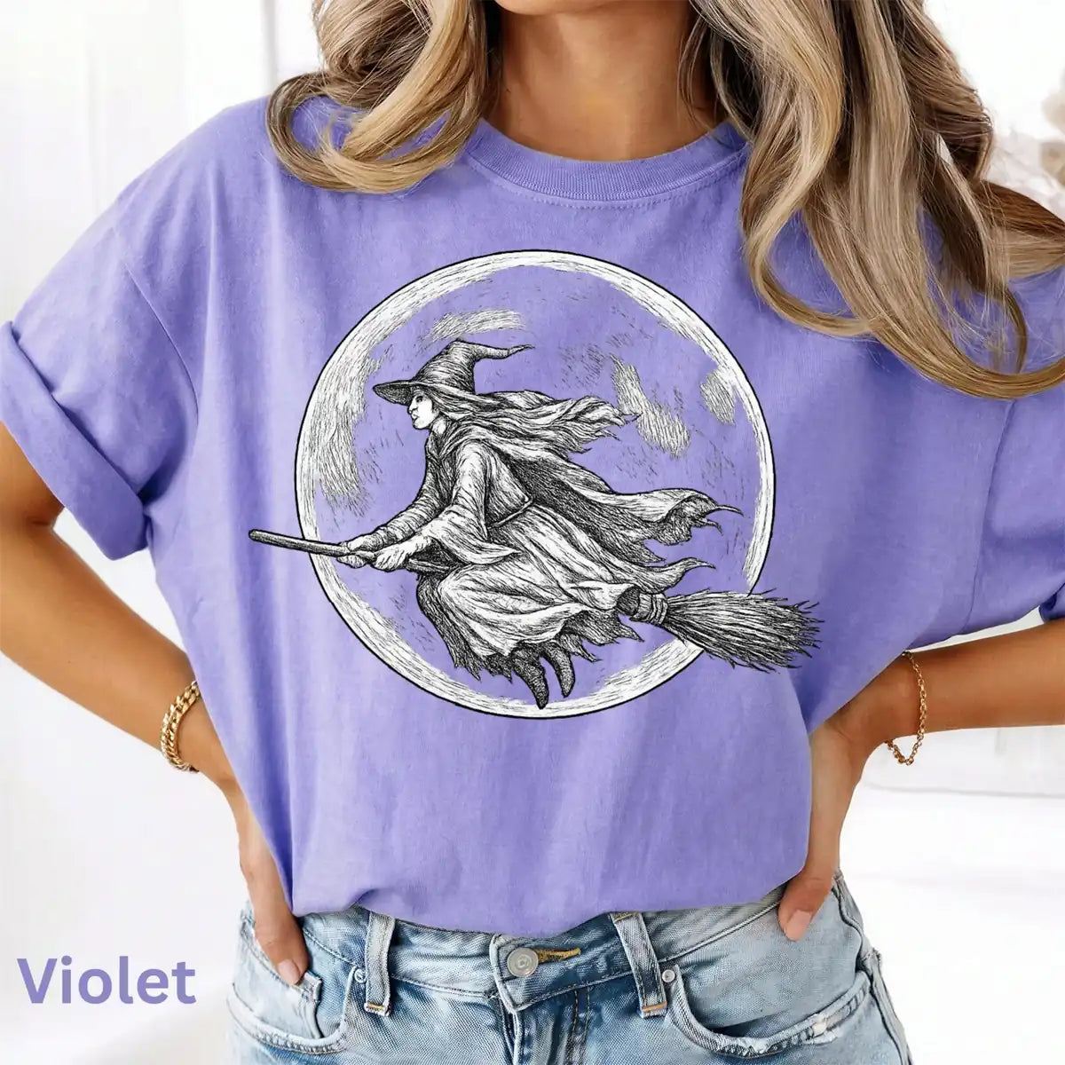 Comfort Colors T-shirt in Violet featuring flying witch graphic