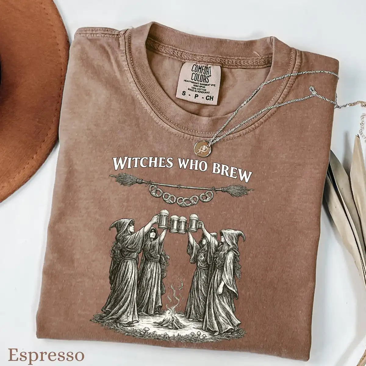 Pepper Comfort Colors T-shirt featuring Witches Who Brew Halloween print