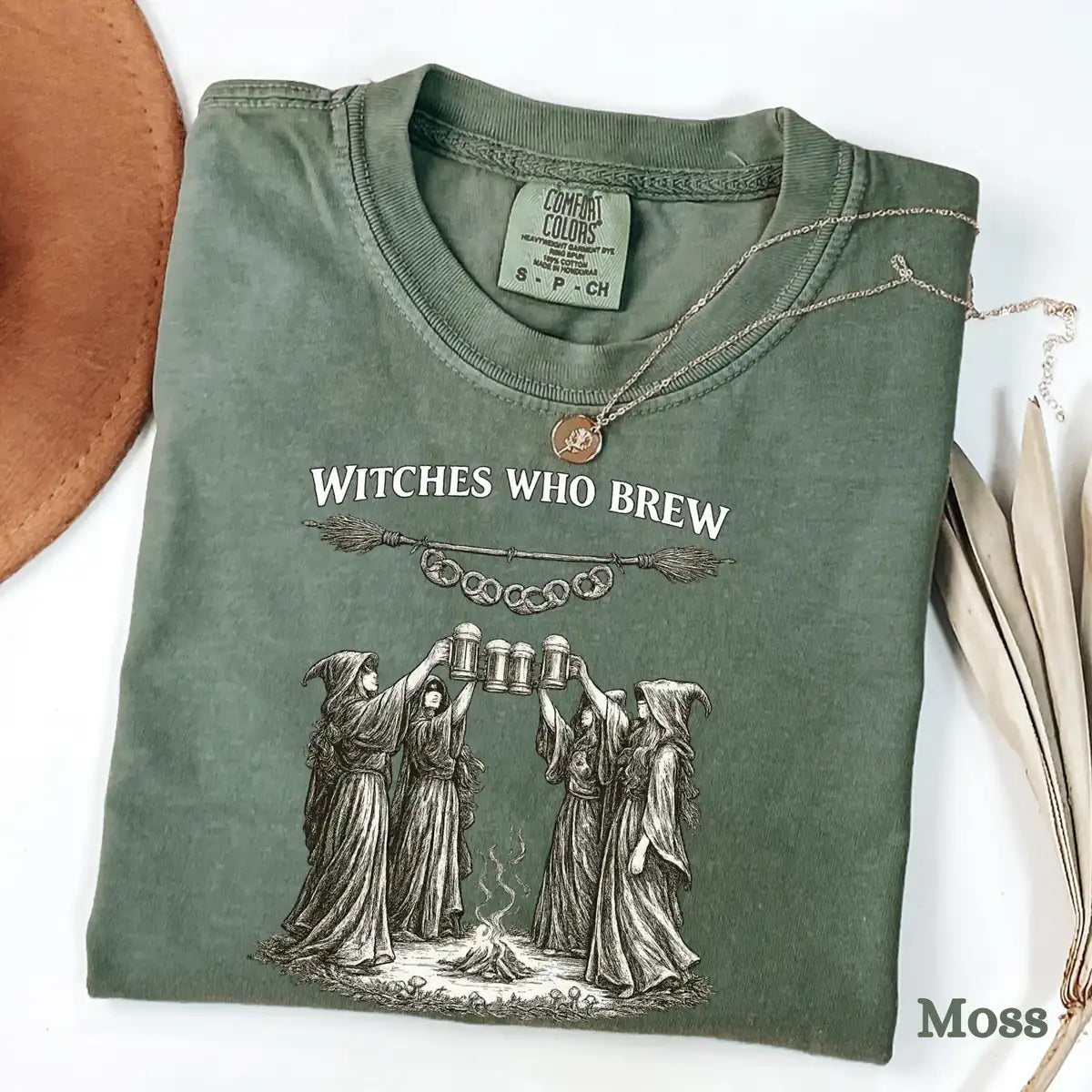Woman wearing Seafoam Witches Who Brew - Oktoberfest Halloween Comfort Colors T-Shirt