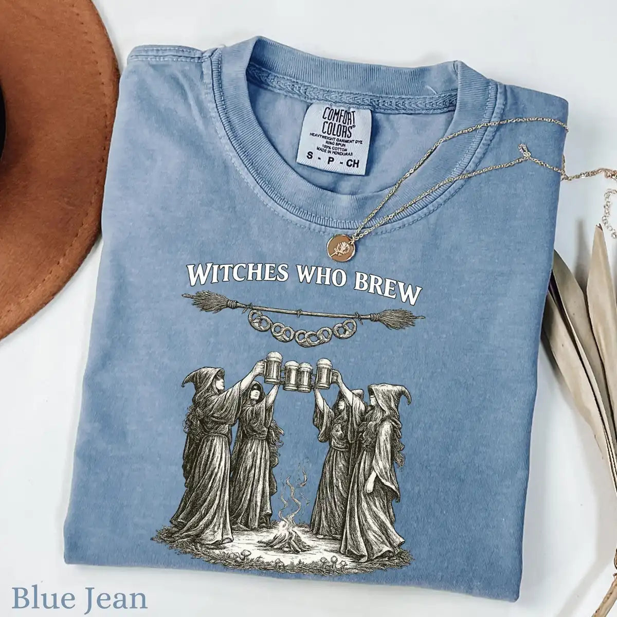 Woman wearing Yam Witches Who Brew - Oktoberfest Halloween Comfort Colors T-Shirt