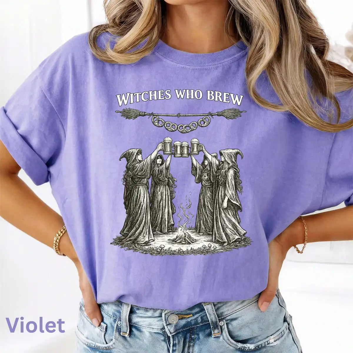 Light Comfort Colors T-shirt mockup showing Witches Who Brew Halloween design