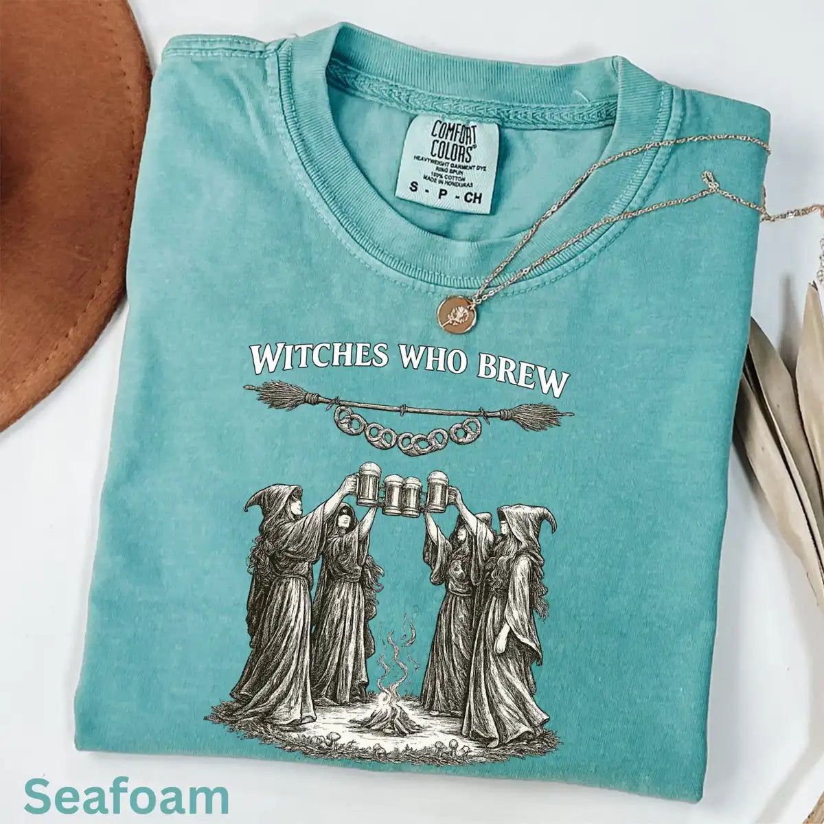 Espresso Comfort Colors T-shirt mockup showing Witches Who Brew Halloween design