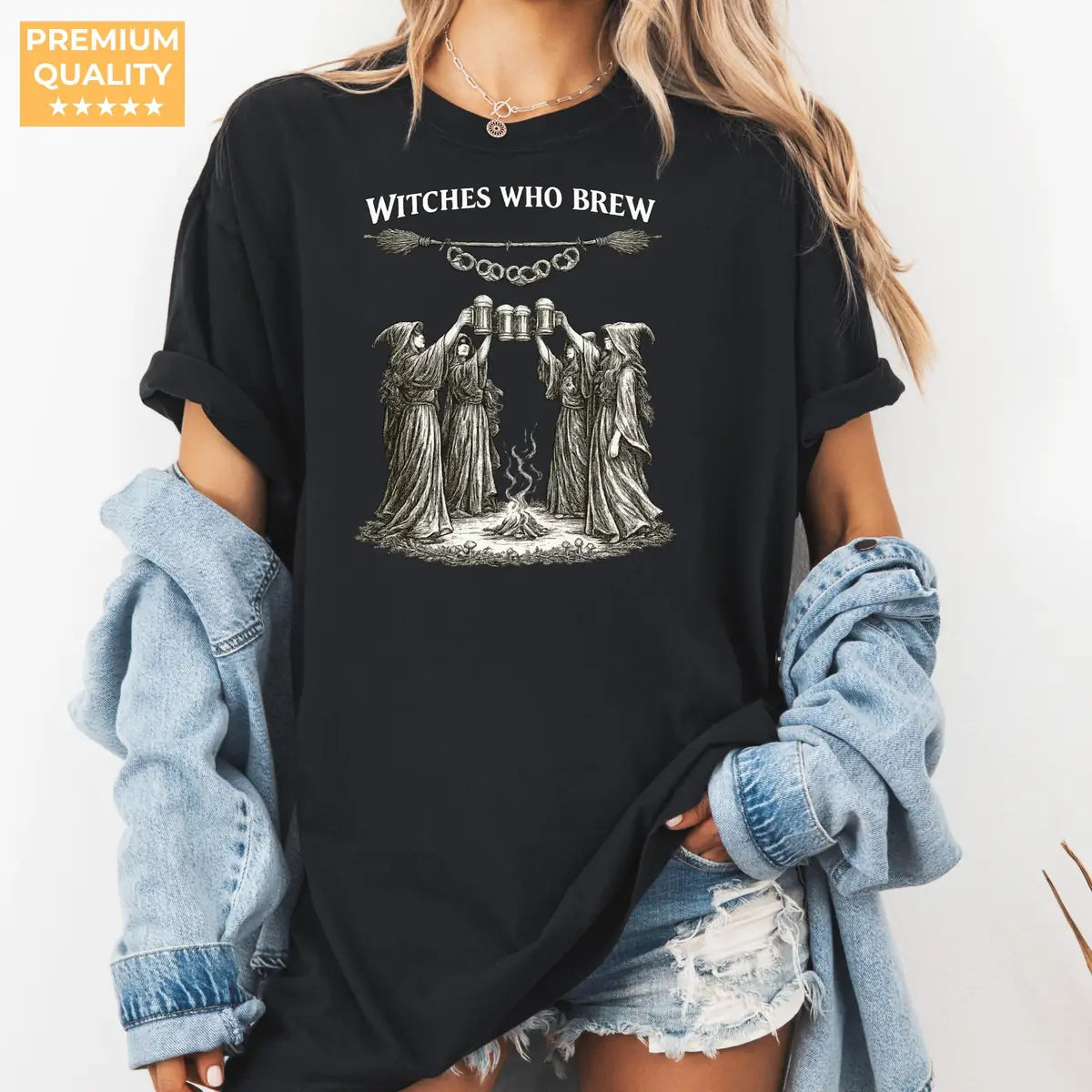 Black Comfort Colors T-shirt mockup showing Witches Who Brew Halloween design