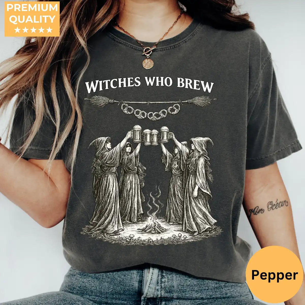 Pepper Comfort Colors T-shirt mockup showing Witches Who Brew Halloween design