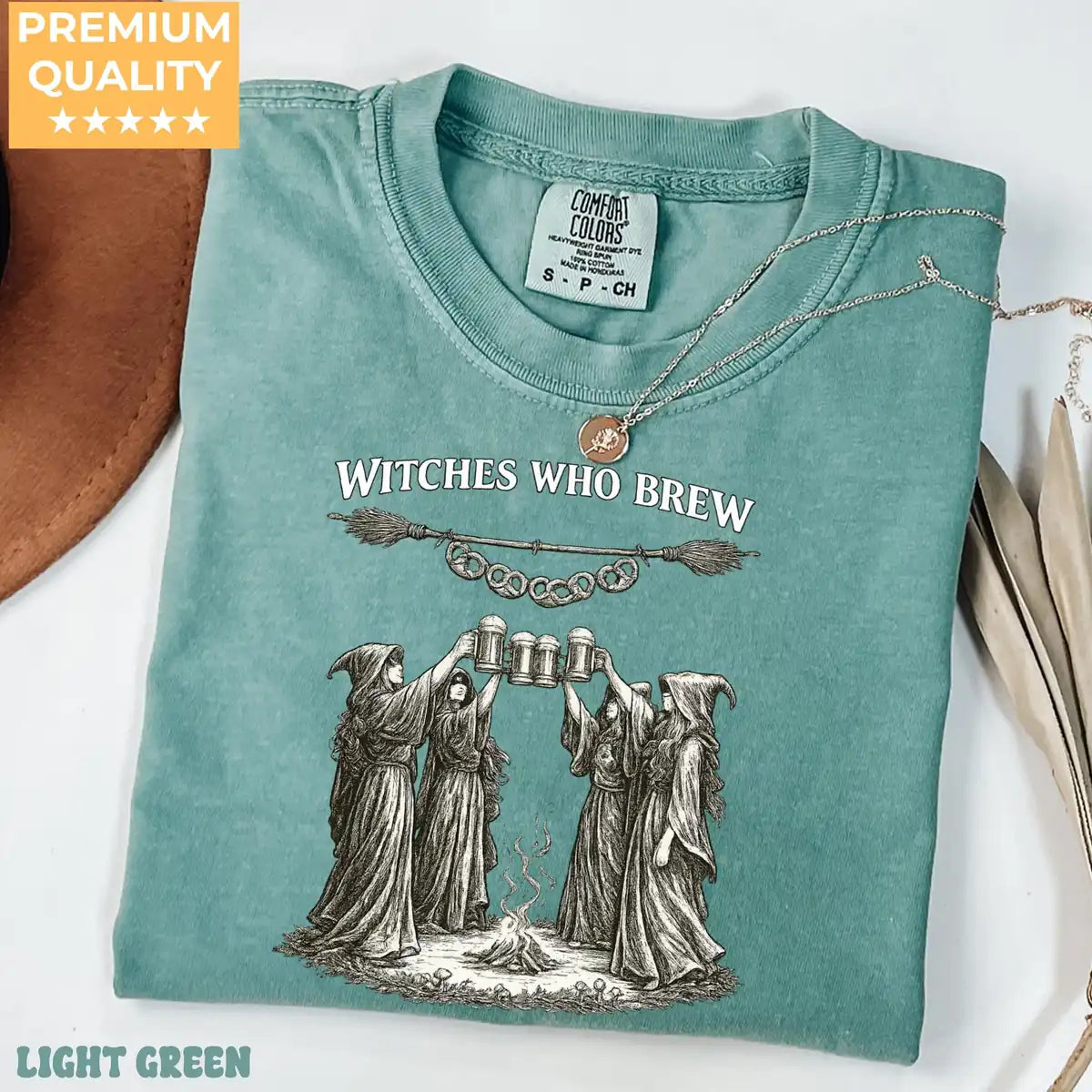 Comfort Colors T-shirt mockup showing Witches Who Brew Halloween design