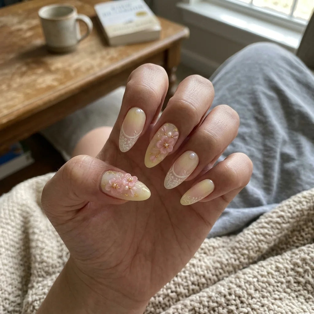 yellow aura 3d almond medium press on nails floral lace flat lay 01