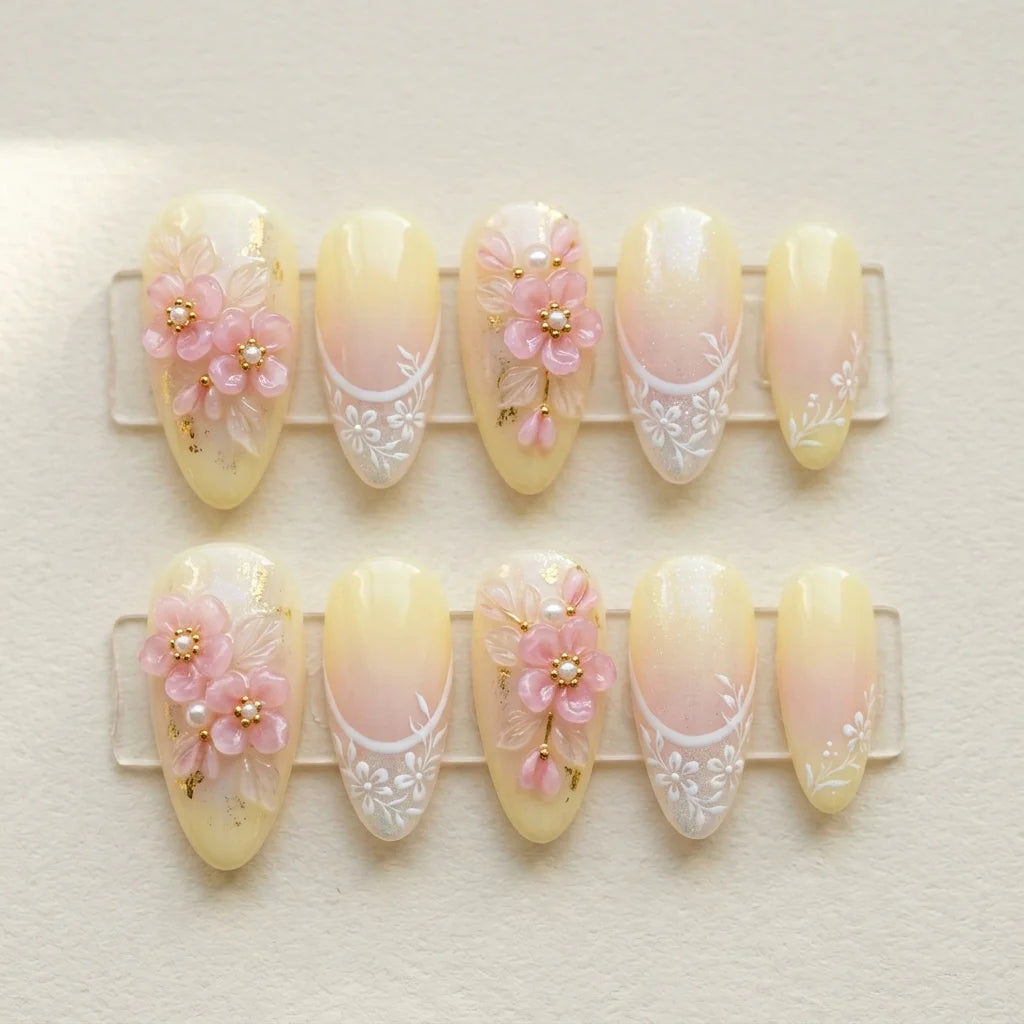yellow aura 3d almond medium press on nails floral lace mockup 01