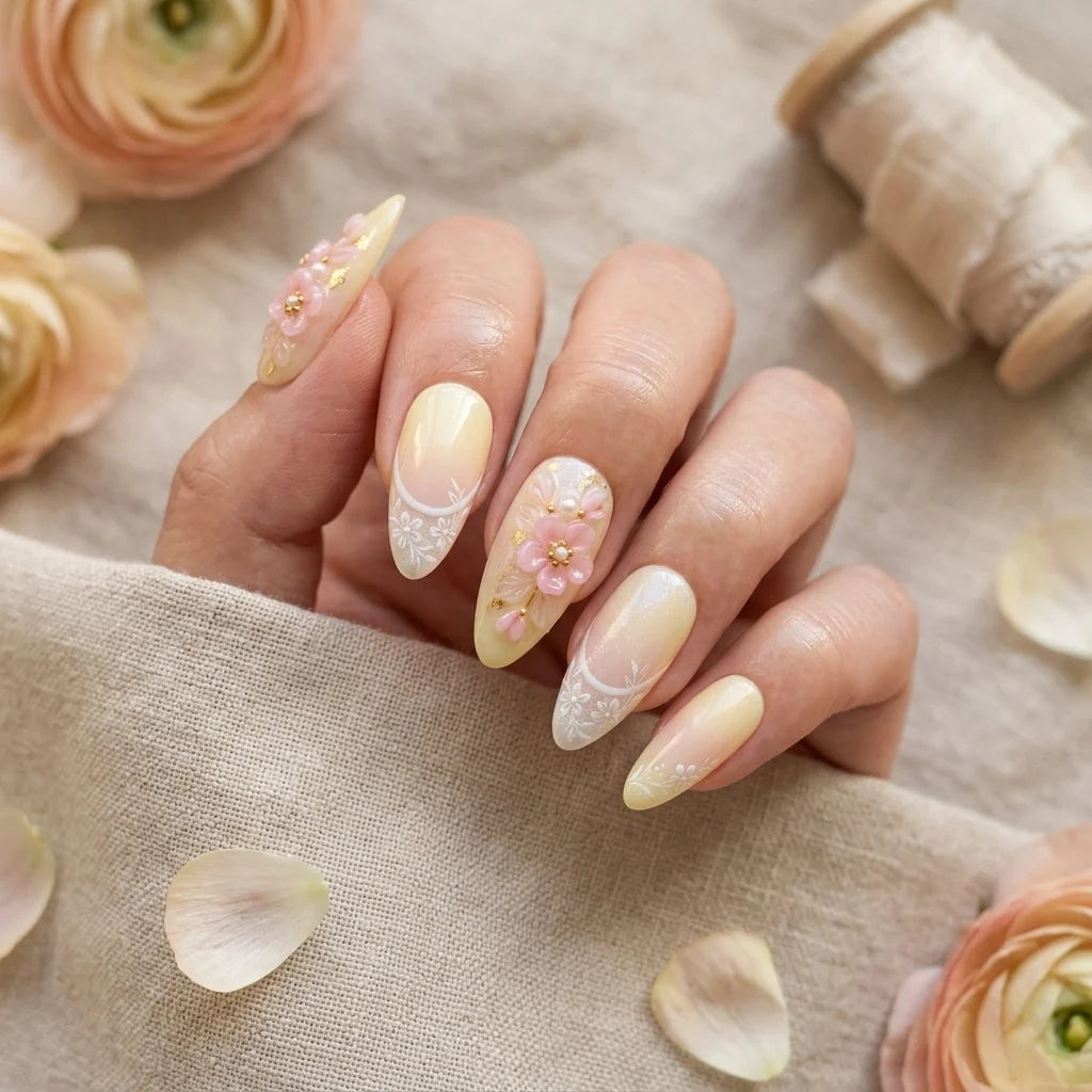 yellow aura 3d almond medium press on nails floral lace mockup 02