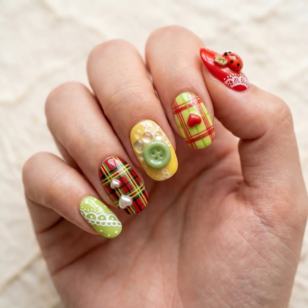 yellow green red 3d oval short press on nails plaid ladybug heart lifestyle 02