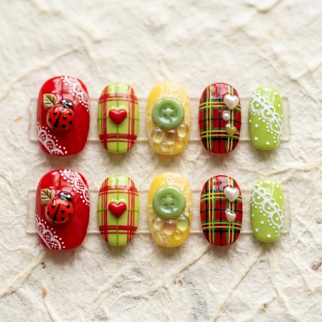 yellow green red 3d oval short press on nails plaid ladybug heart mockup 01