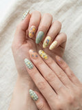 yellow hand painted almond medium press on nails lemon gingham mockup 01