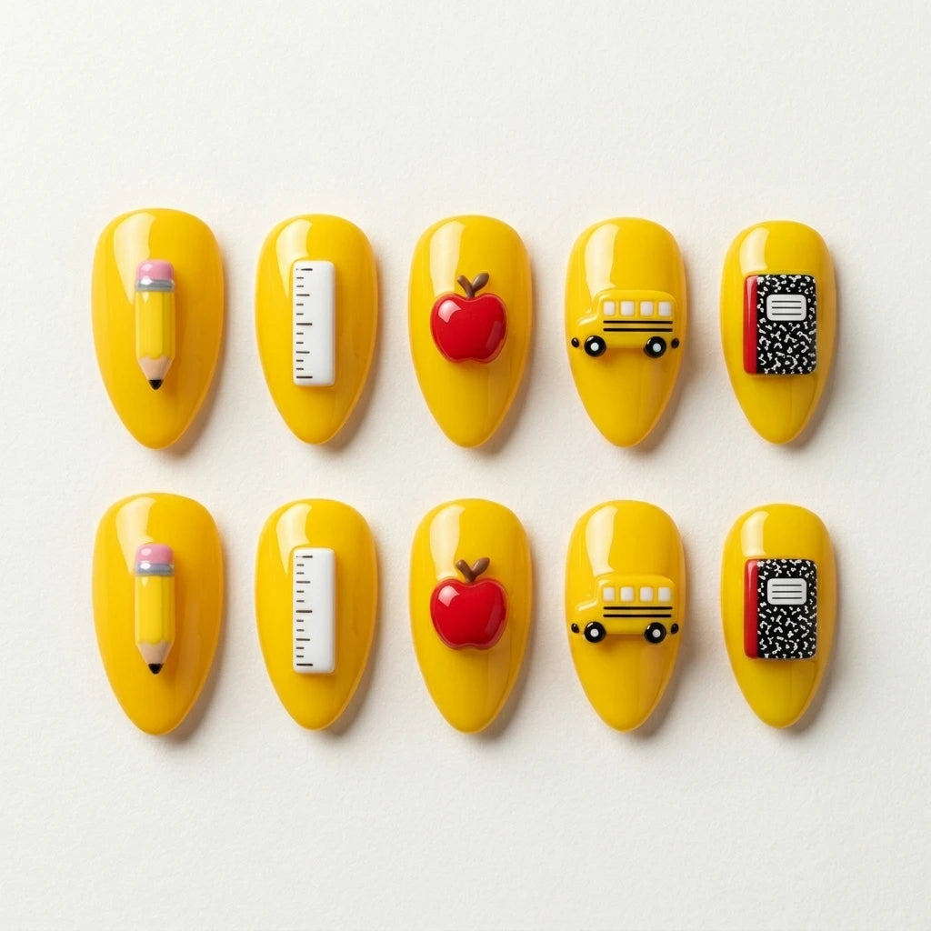 yellow red 3d almond press on nails school bus apple pencil flat lay 01