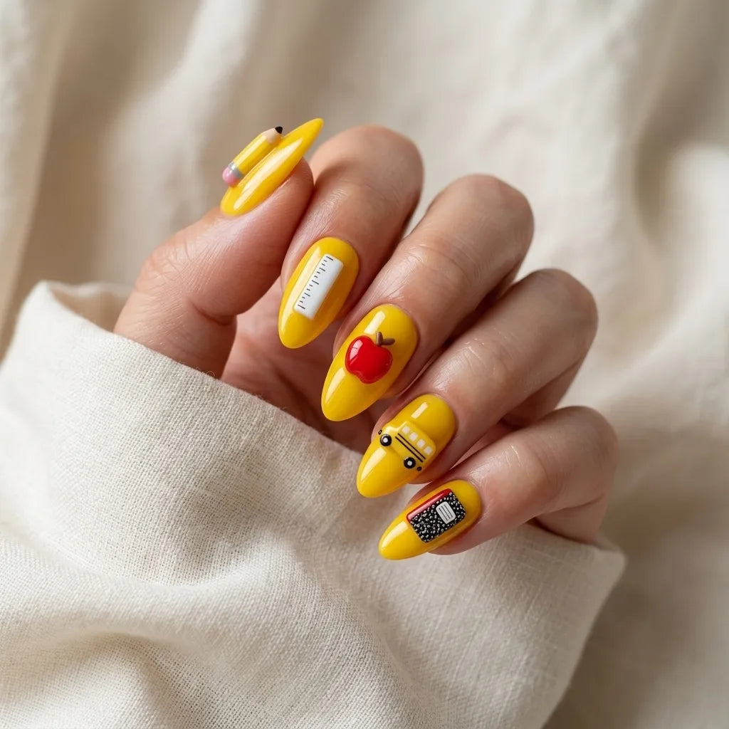 yellow red 3d almond press on nails school bus apple pencil lifestyle 01