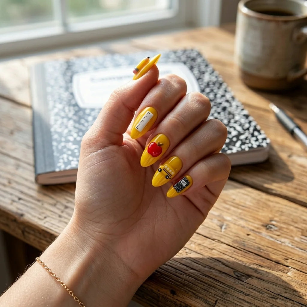 yellow red 3d almond press on nails school bus apple pencil lifestyle 02
