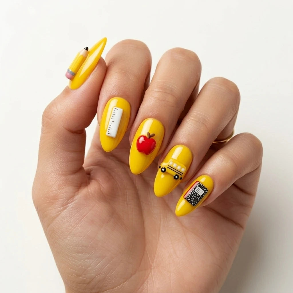 yellow red 3d almond press on nails school bus apple pencil mockup 01