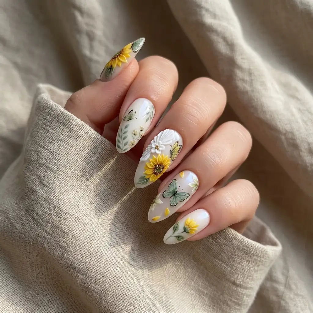 yellow white 3d almond press on nails sunflower butterfly flat lay 01