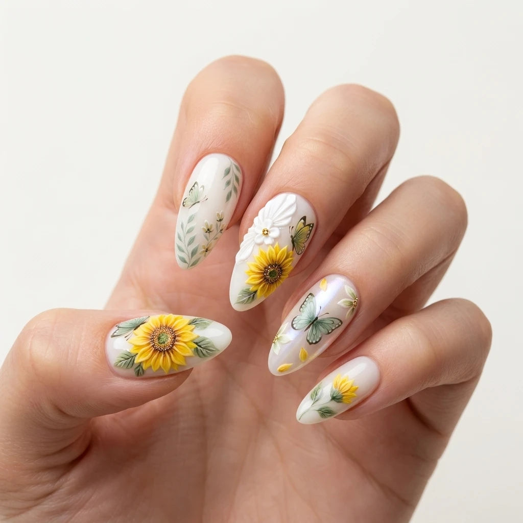 yellow white 3d almond press on nails sunflower butterfly mockup 01