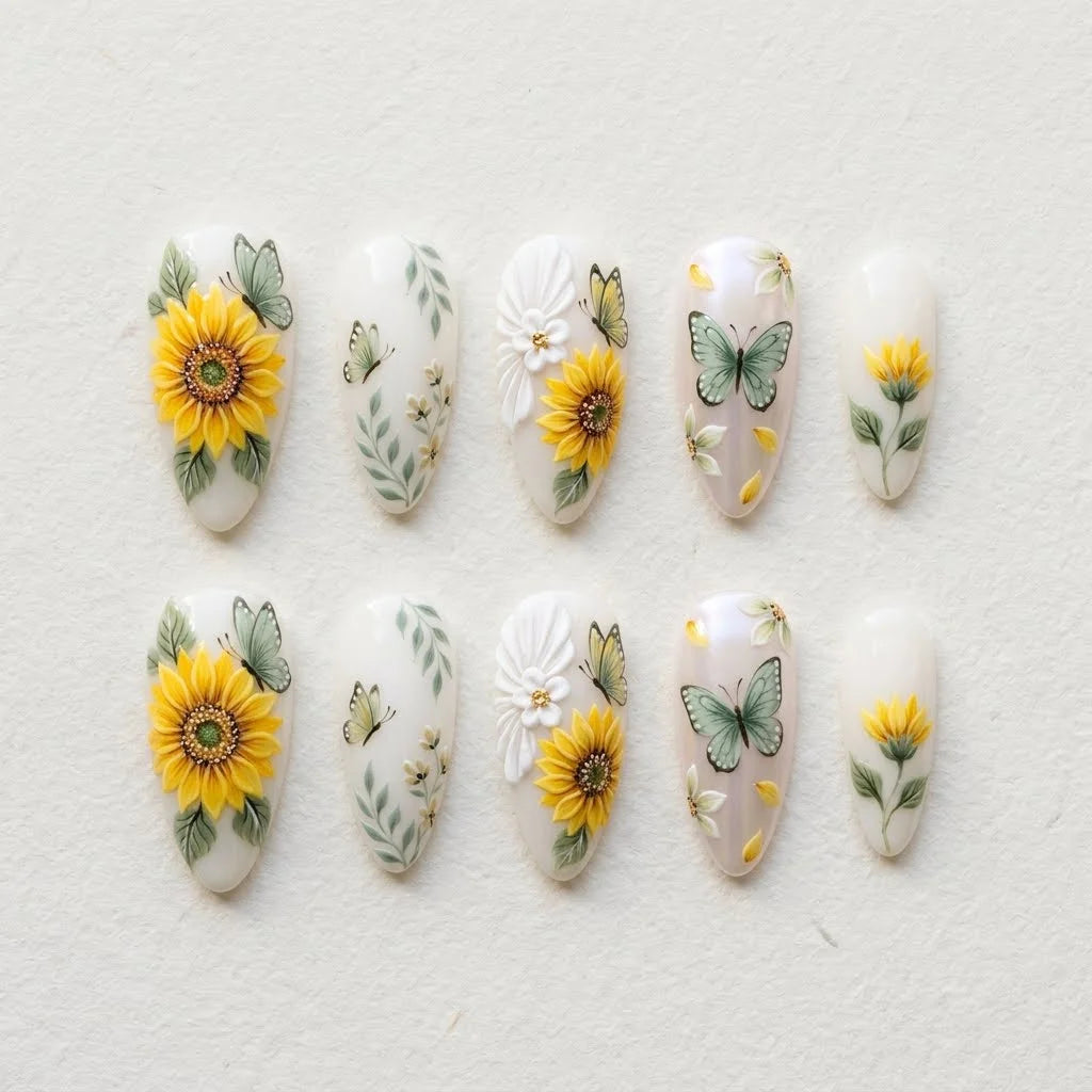 yellow white 3d almond press on nails sunflower butterfly mockup 02