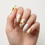 yellow white 3d almond press on nails sunflower embossed floral flat lay 01