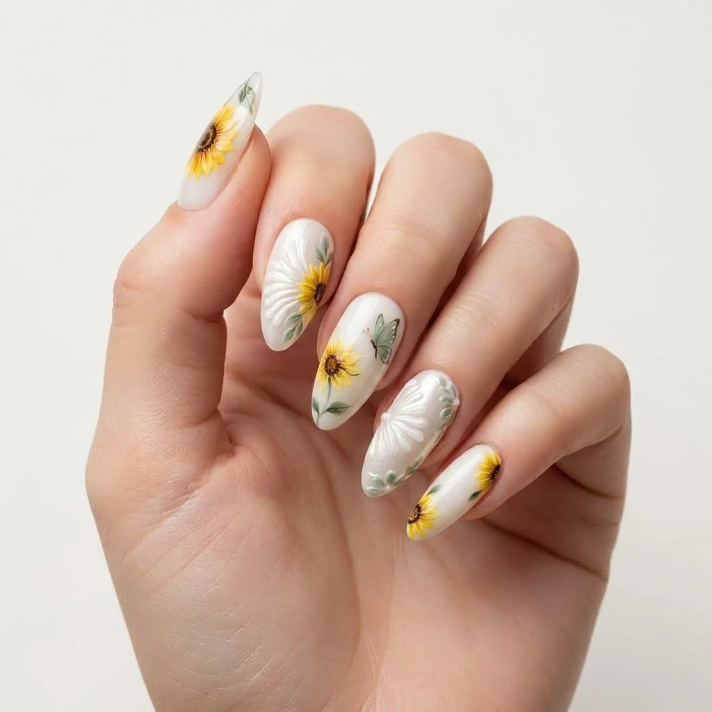 yellow white 3d almond press on nails sunflower embossed floral flat lay 01