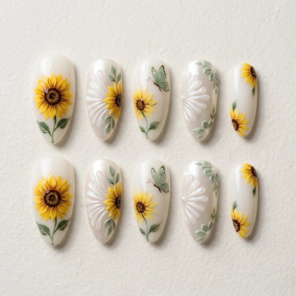 yellow white 3d almond press on nails sunflower embossed floral lifestyle 01