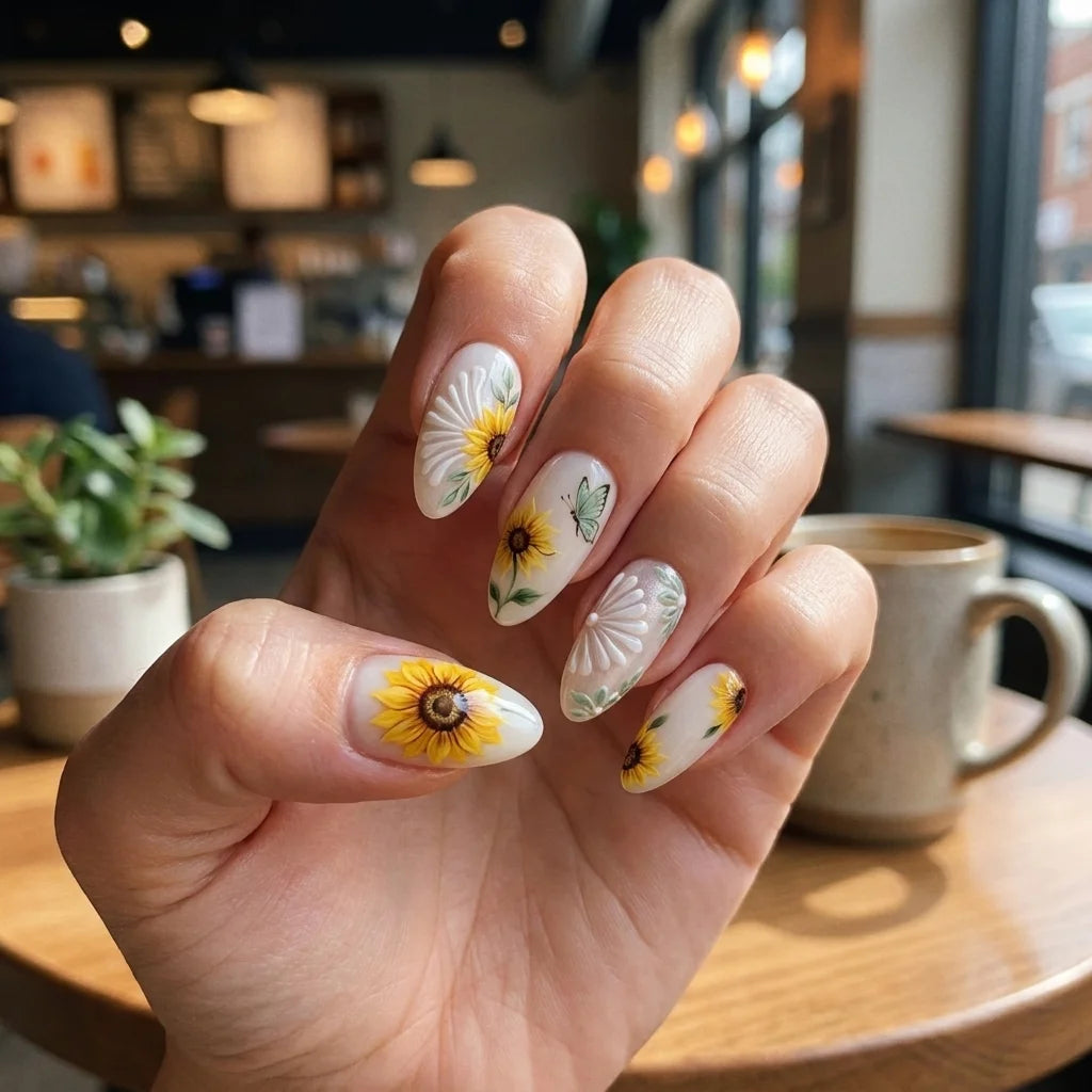 yellow white 3d almond press on nails sunflower embossed floral mockup 01