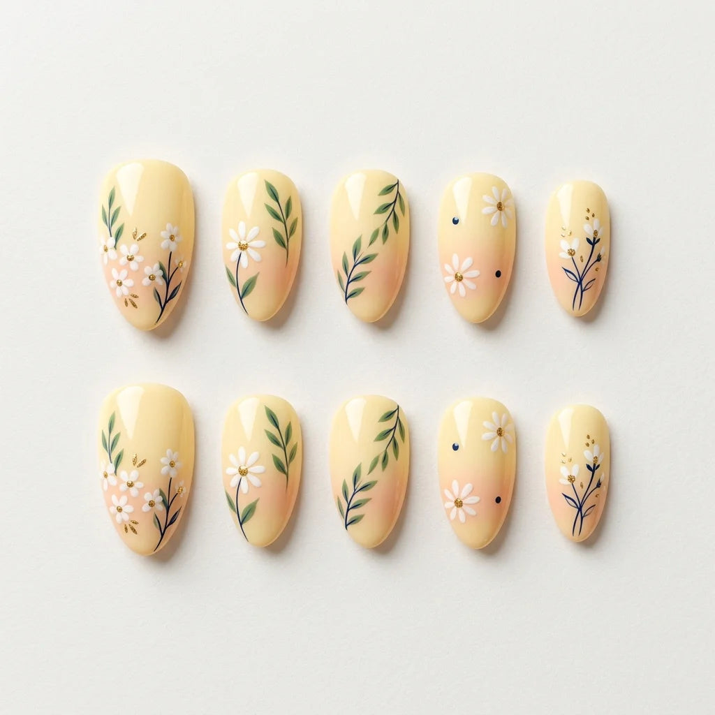 yellow white green hand painted almond press on nails daisy floral detail 04