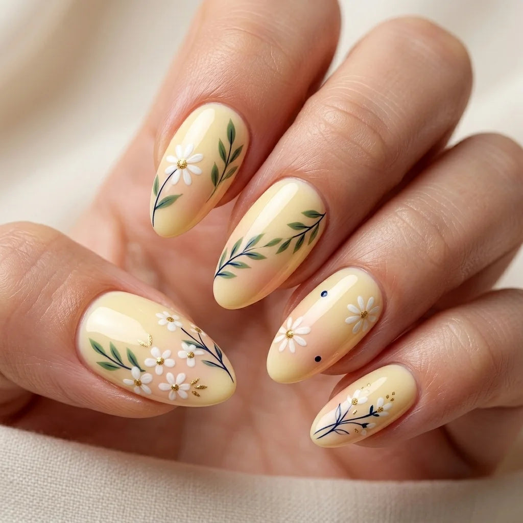yellow white green hand painted almond press on nails daisy floral detail 05