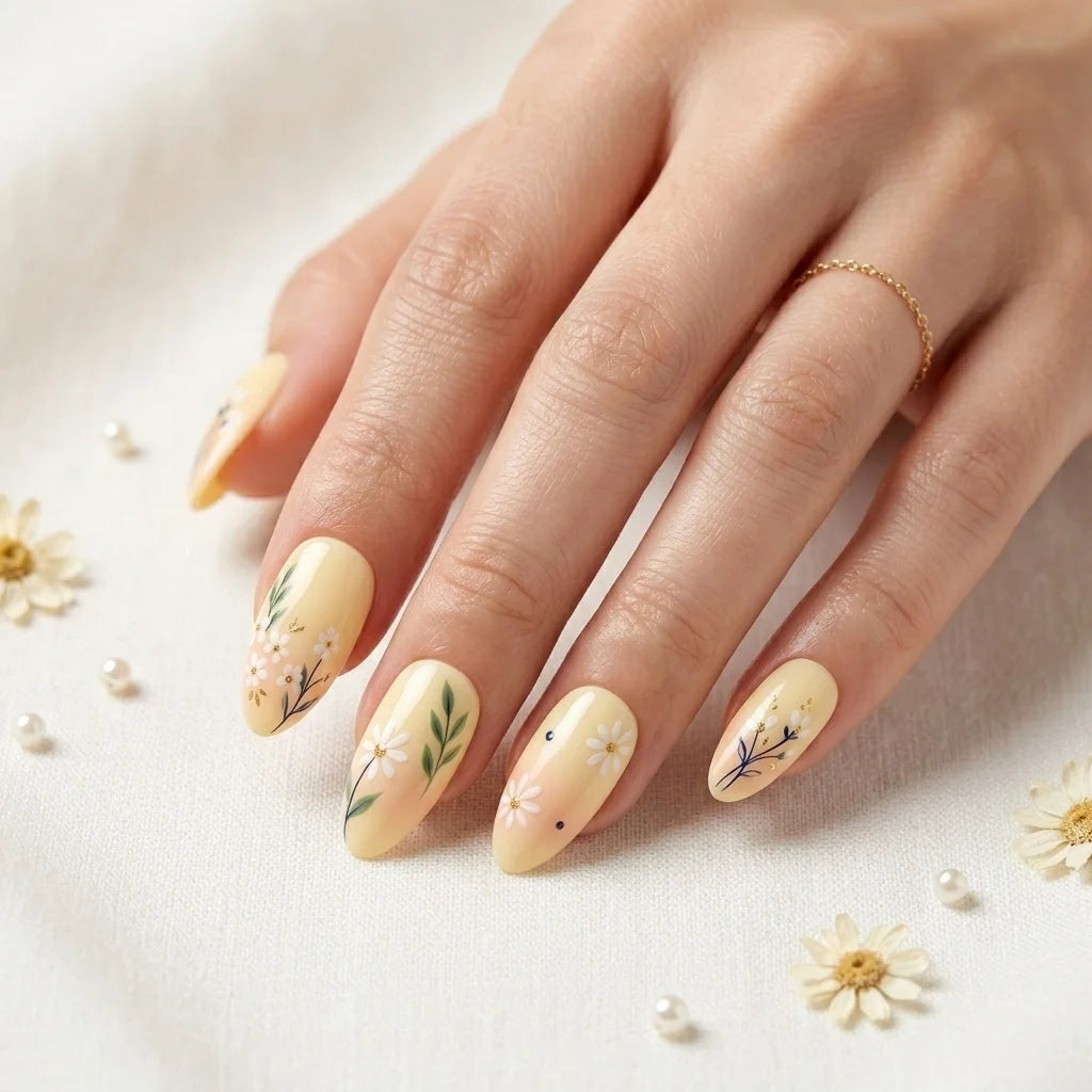 yellow white green hand painted almond press on nails daisy floral lifestyle 03