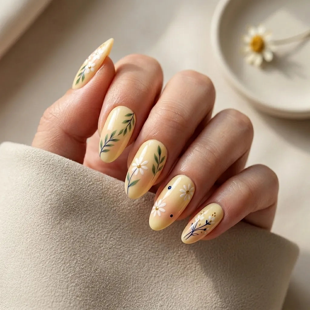 yellow white green hand painted almond press on nails daisy floral mockup 01