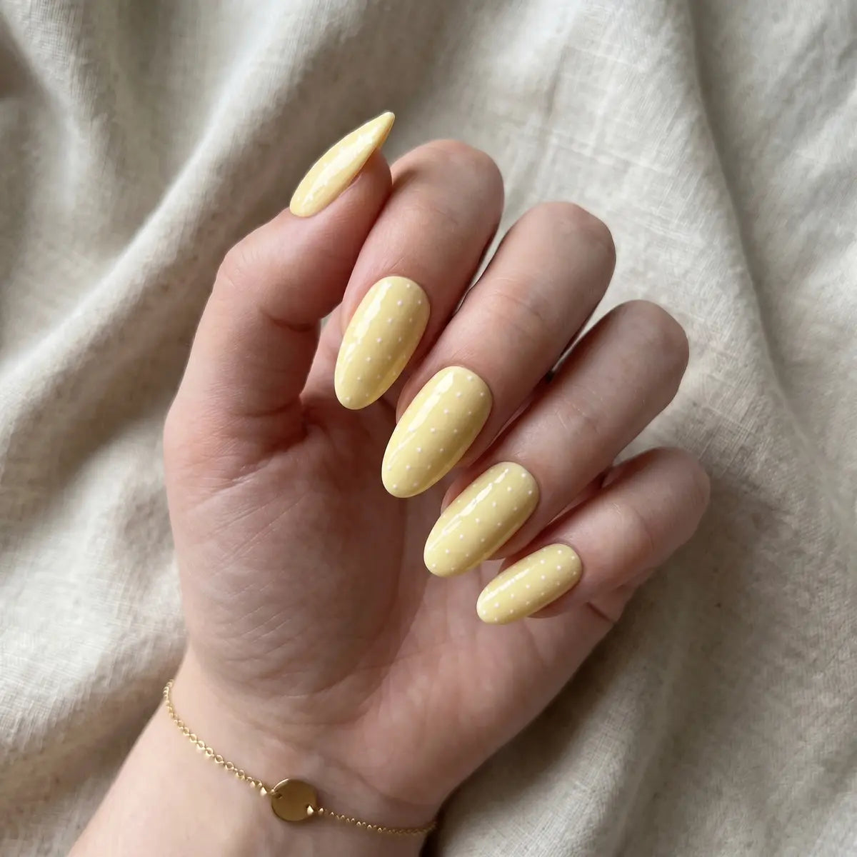 yellow white hand painted almond press on nails polka dot mockup 01
